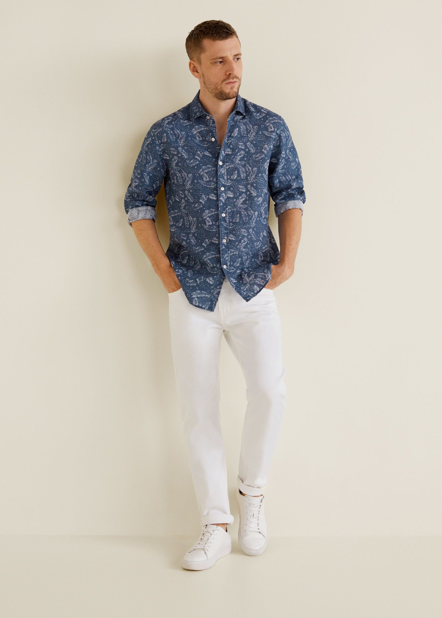 Slim-fit leaf-print linen shirt - Image 3
