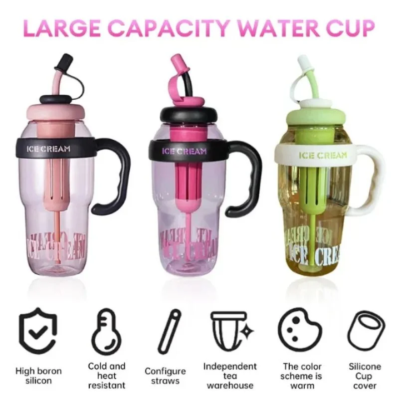 Ice Cream Water Bottle with Straw & Tea Infuser | 1400ml | Random color - Image 7